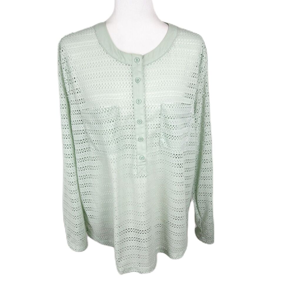 Ann Taylor Blouse Women Extra Large Green Eyelet V-Neck Long Sleeve Top